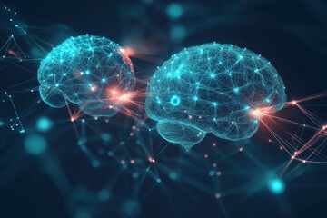 Poster - Digital art representation of two brains with illuminated neural connections, symbolizing artificial intelligence and human cognition in a futuristic setting