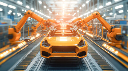 Poster - Futuristic Car Assembly Line with Robotic Arms Revolutionizing Manufacturing with Digital Technology and Automation