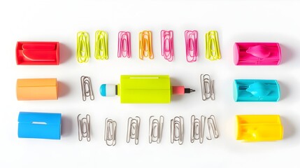 Poster - Neatly Arranged Vibrant Office Supplies Against Crisp White Backdrop with Vintage Inspired Studio