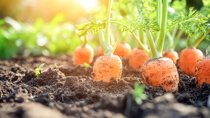 Canvas Print - Freshly Harvested Carrots with Soil in Sunlit Garden Farm-to-Table Produce Concept