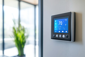 A smart thermostat with a blue digital display mounted on a wall, showing a temperature of 70 degrees Fahrenheit with various control options below the screen in a modern home setting.