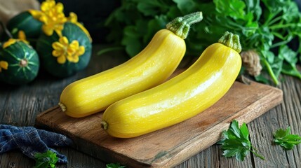 Wall Mural - Fresh yellow squash on a wooden cutting board, ready for preparation and cooking.