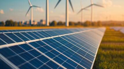 Solar-powered manufacturing plant with wind turbines towering in the distance, sustainable energy solutions in modern industry