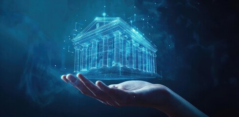 Digital bank building hologram floating above an outstretched hand, symbolizing modern finance and technology integration