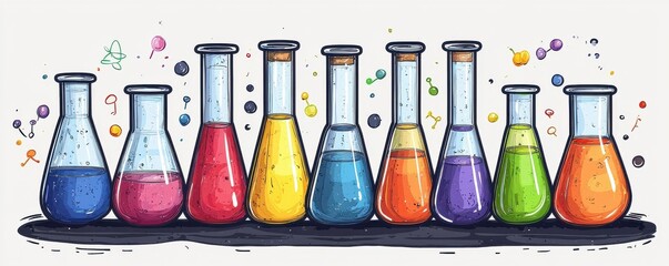 Wall Mural - Colorful clip art illustration of science lab equipment with beakers and test tubes filled with vibrant liquids