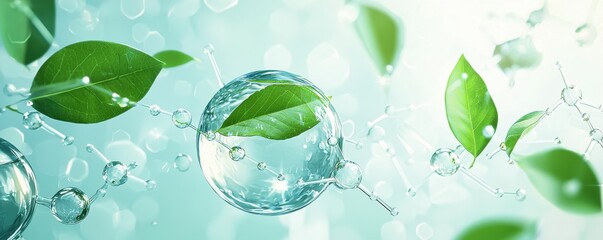 illustration of water molecules with green leaves showcasing natural science and environmental conne