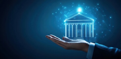 Poster - Digital bank building hologram floating above a hand against a futuristic virtual background