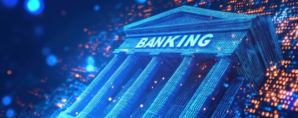 Poster - Digital banking concept illustration with binary code and futuristic design representing modern financial technology