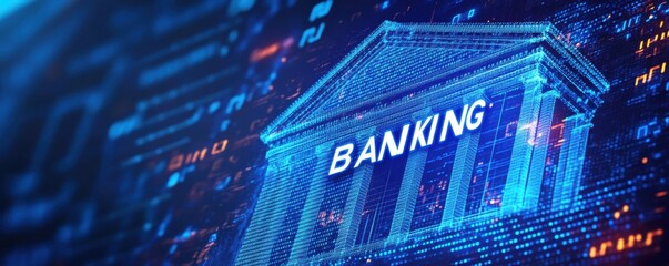 Poster - Digital banking concept with binary code and finance icon in blue technology theme