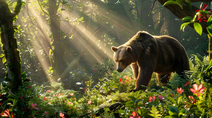 Wall Mural - Majestic Brown Bear in Sunlight Filled Forest