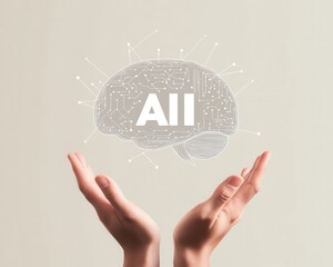 Aufkleber - Digital brain concept with AI technology letters floating above hands symbolizing innovation and artificial intelligence
