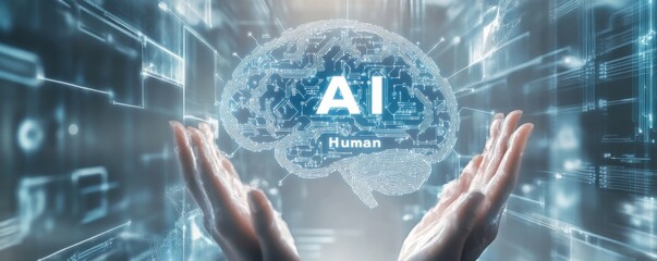 Aufkleber - Futuristic digital brain with AI text and human hands interacting in a virtual environment