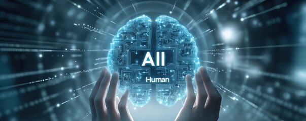 Poster - Digital brain illustration illustrating AI and human interaction with futuristic design elements