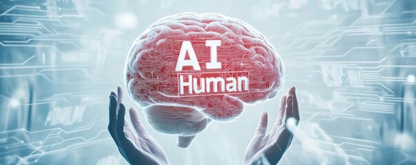 Poster - Digital brain with AI and human hands symbolizing artificial intelligence integration and technology