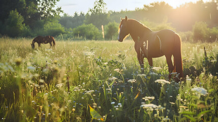 Canvas Print - Horse in a Field at Sunset A Golden Hour Moment