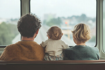 Family Traveling by Train  Looking Out Window  Back View