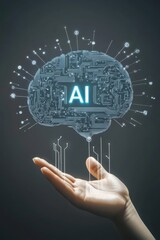 Aufkleber - Hand holding digital brain with AI letters representing artificial intelligence and futuristic technology concept