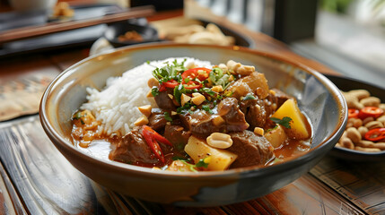 Wall Mural - Delicious Thai Beef Curry with Rice and Peanuts