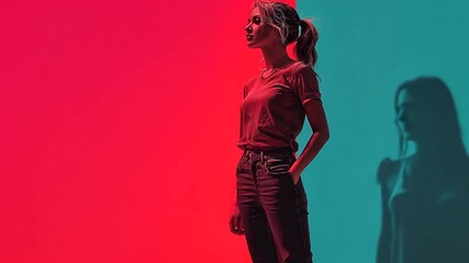 Poster - Young Woman in Dramatic Light With Bold Backgrounds Generative AI