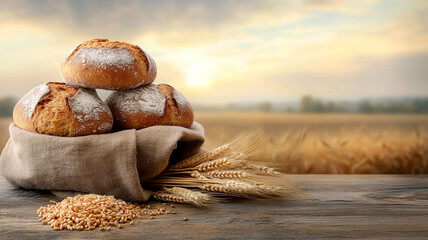 Freshly baked bread sits in cloth bag, surrounded by wheat and beautiful sunset