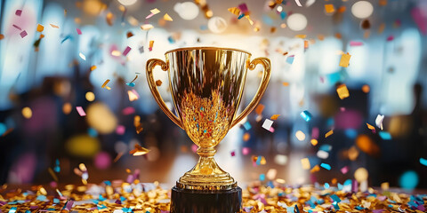 A gleaming gold winners trophy cup takes center stage amidst a shower of vibrant celebration confetti and sparkling glitter, symbolizing success and achievement in a professional office setting.