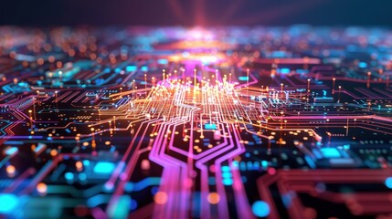 Wall Mural - A vibrant digital landscape featuring interconnected circuits and glowing nodes, representing modern technology and data flow.