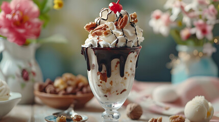 Wall Mural - Decadent Chocolate Sundae with Whipped Cream and Pecan Nuts