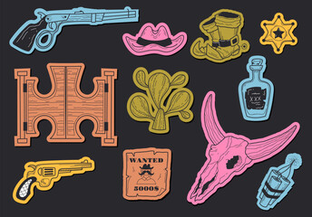 Western cowboy icon west wild doodle style line art concept set. Vector cartoon graphic design element illustration