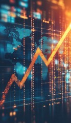 Poster - digital financial chart with upward arrows on a global map background representing market growth and