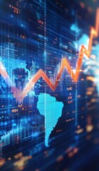 Poster - Digital financial chart with upward arrows indicating growth and global economic trends in a futuristic setting