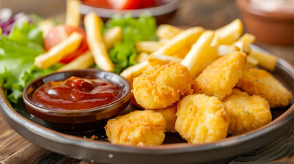 Wall Mural - Crispy Chicken Nuggets with French Fries and Ketchup