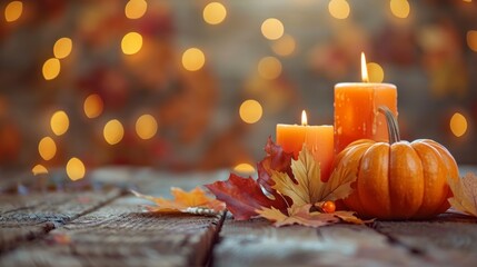 Warm autumn scene with small pumpkins and glowing candles on wooden table. Thanksgiving celebration