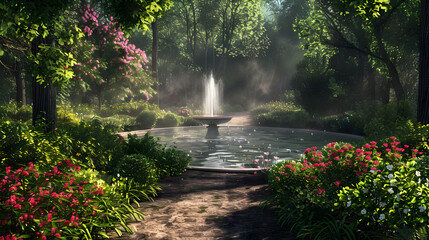 Canvas Print - Serene Garden Fountain with Lush Greenery and Sunlit Path