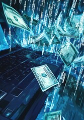 Poster - Digital illustration of money bursting from laptop in a cyber environment depicting online finance and digital transactions