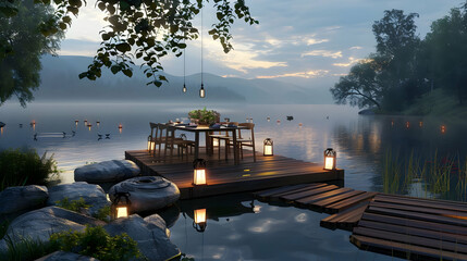 Wall Mural - Romantic Dinner on a Lake Dock at Sunset