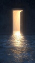 Mysterious door with light shining through, water reflection.