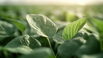 This close-up captures a green plant leaf with morning dew, softly lit, reflecting the purity and serenity found in nature, representing a fresh and tranquil beginning.