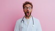 © JoxyAimages - A male doctor in a white coat displays a shocked expression, eyes wide open, capturing a moment of surprise and disbelief against a soft pink background.