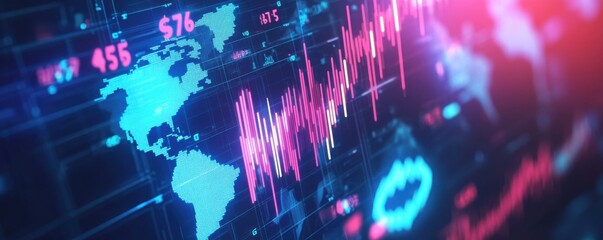 Poster - digital illustration of global financial data with world map and economic growth charts