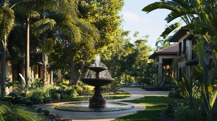 Wall Mural - A peaceful front yard with resort-style landscaping, shaded by tall trees and featuring a serene water fountain, no people, no logos.