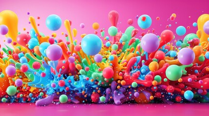 Wall Mural - A vibrant explosion of colorful liquid shapes against a pink backdrop, creating a lively, dynamic visual experience.