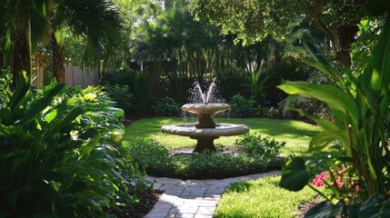 A serene front yard with lush greenery, a small fountain, and shaded areas for a resort-like atmosphere, no people, no logos.