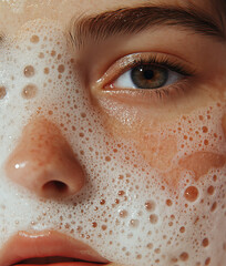 Wall Mural - Portrait of beautiful natural woman with foamy cleanser on her face