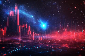 Poster - Futuristic digital trading chart with vibrant red and blue candlestick patterns against a cosmic background