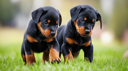 Two Doberman puppies energetically play with each other on a grassy field, capturing a candid and joyous moment of innocence.