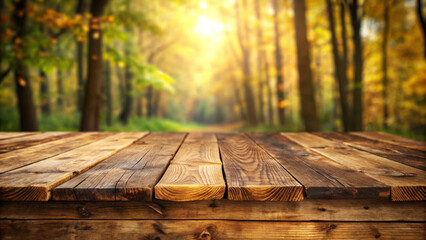 Wall Mural - rustic wooden table sits in foreground, surrounded by serene forest scene with golden autumn leaves and soft sunlight filtering through trees, creating warm and inviting atmosphere