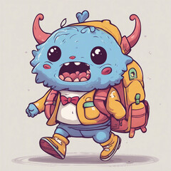 Wall Mural - cute little monster character illustration going to school