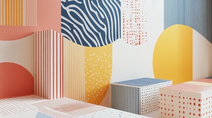 Fototapete - Abstract geometric shapes and patterns in a vibrant color palette create a playful and modern background.