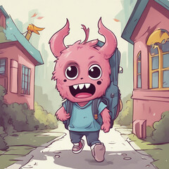 cute little monster character illustration going to school