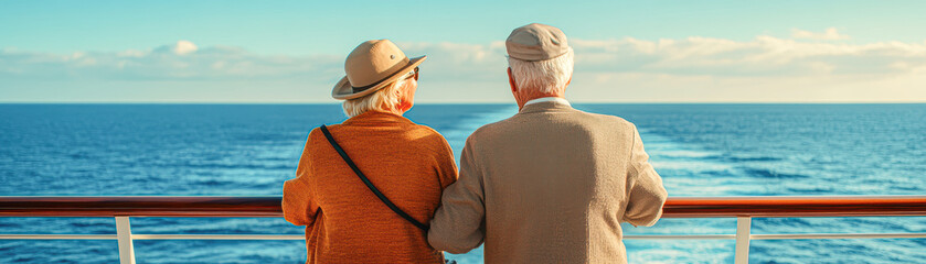 Poster - Serene Elderly Couple Embracing Luxury Cruise Vacation Retirement Relaxation and Exploration on Ship Deck with Ocean View